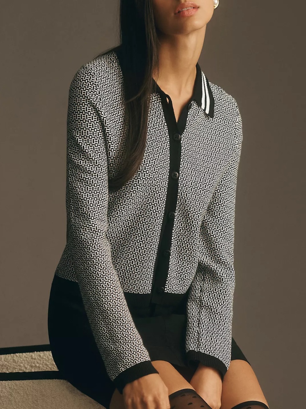 Anthropologie Maeve Plunging Polo Cardigan Navy White Academia Jacquard-3X